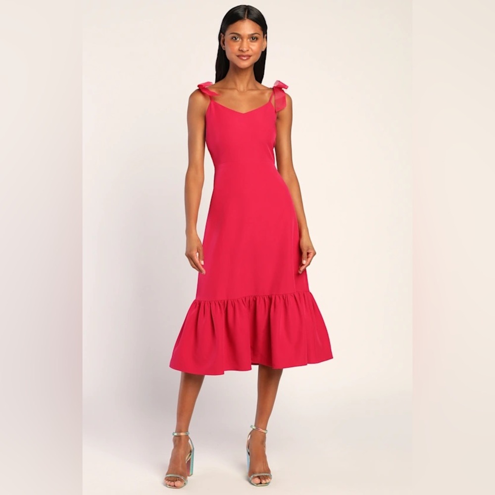 NWT Lulu’s What A Gift Hot Pink Bow Strap Midi Dress
